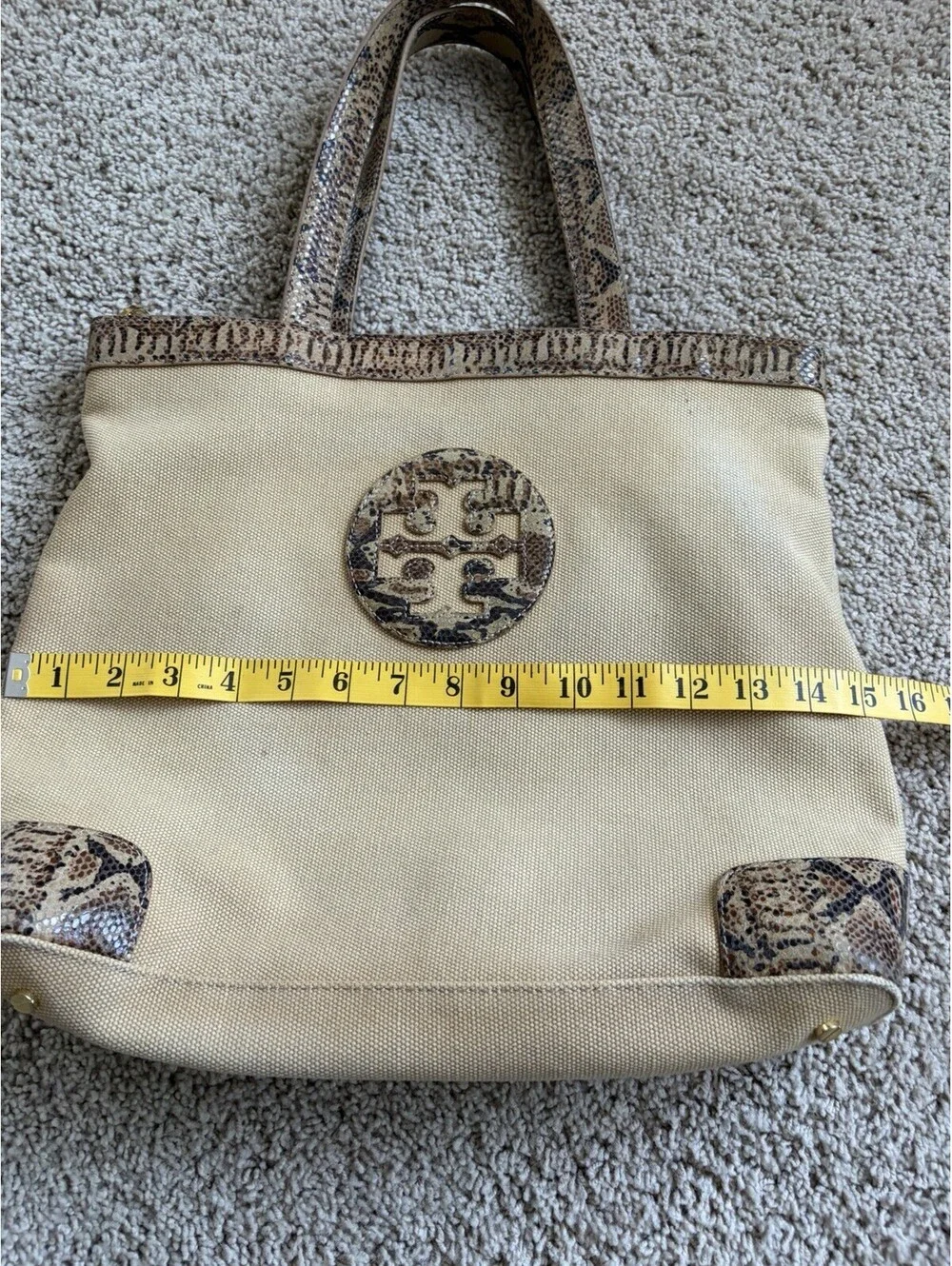 Tory Burch Beige Canvas Tote Snake Skin Details Shoulder Bag Purse Large Logo